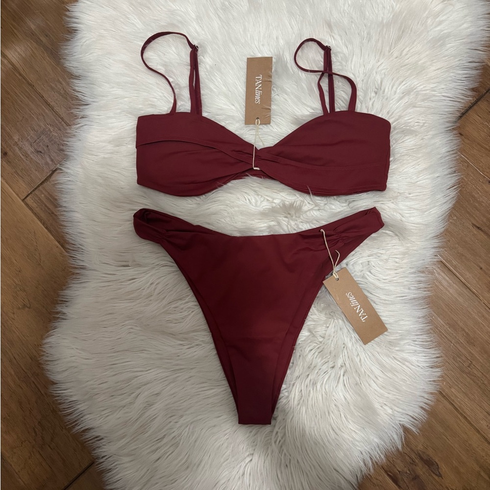NWT Tan Lines Cherry Cola Bikini Set Red Twist Front Top